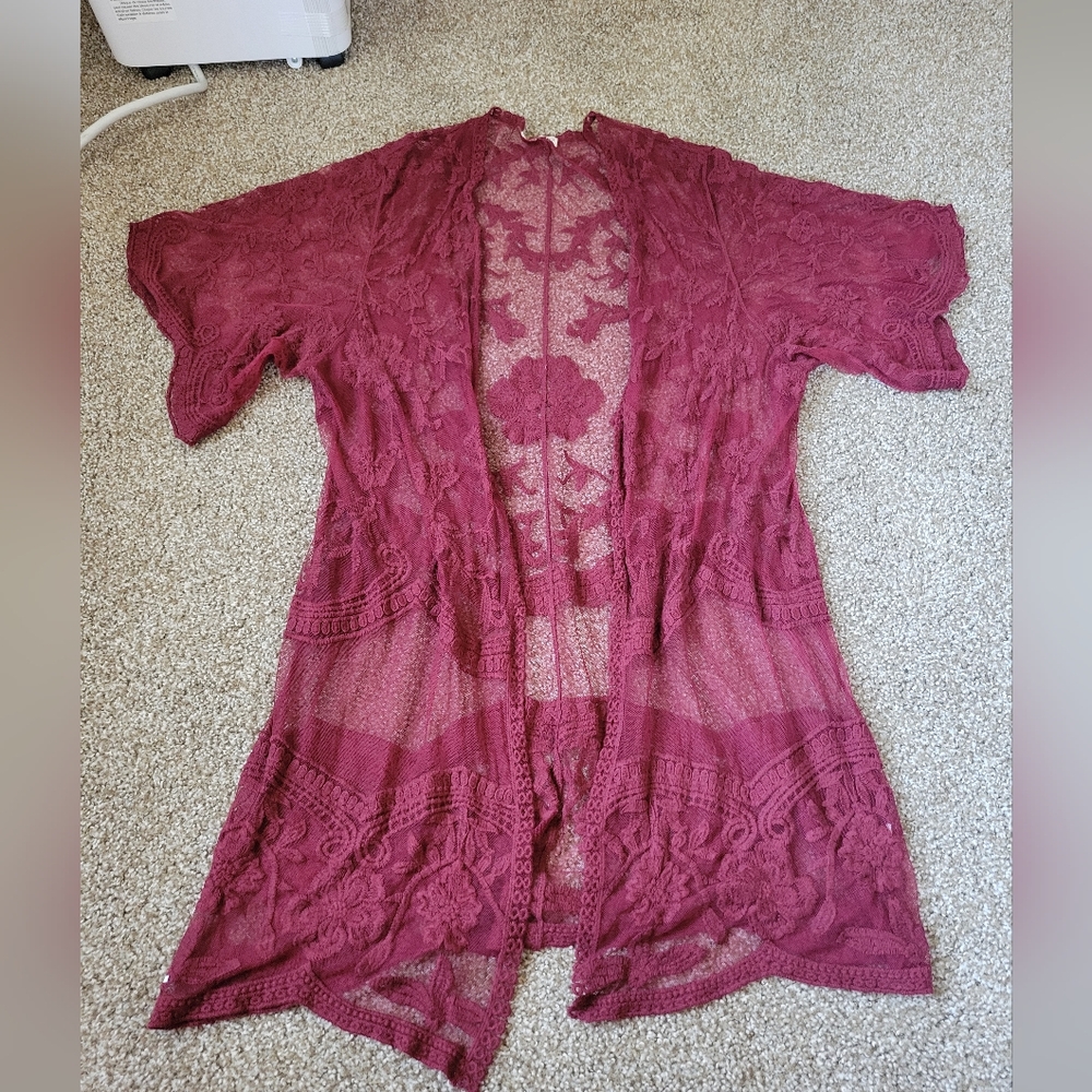 Anna-kaci Chic Burgundy Lace Open Cardigan